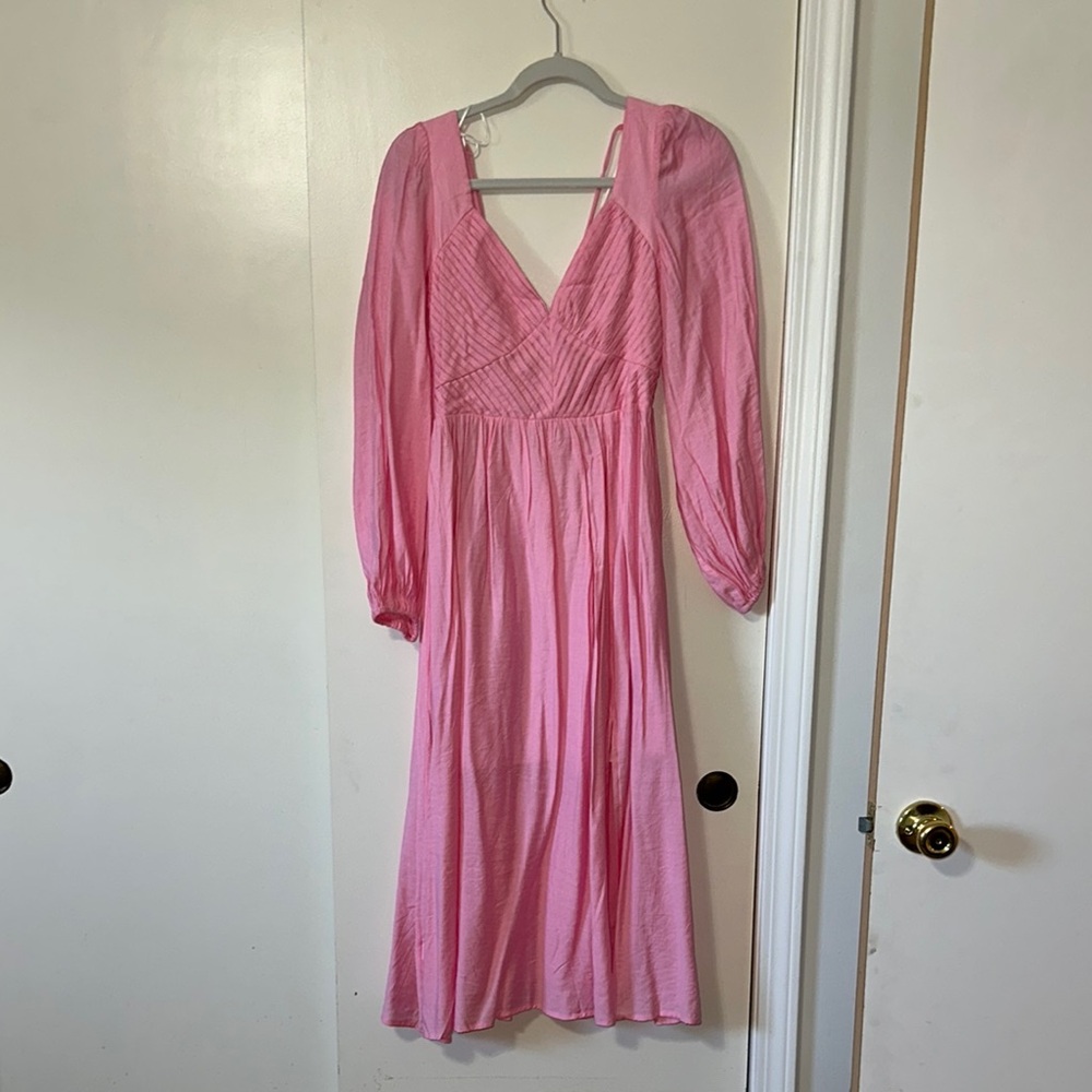 Hello Molly Pink Pleated Tiered Sundress with Bishop Sleeves